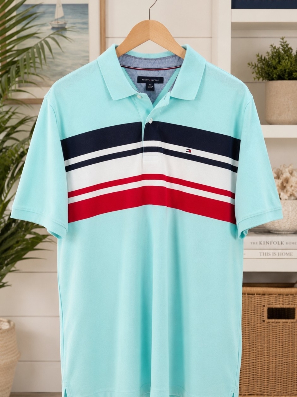 Tommy Hilfiger Aqua Polo with Navy, White & Red Chest Stripes